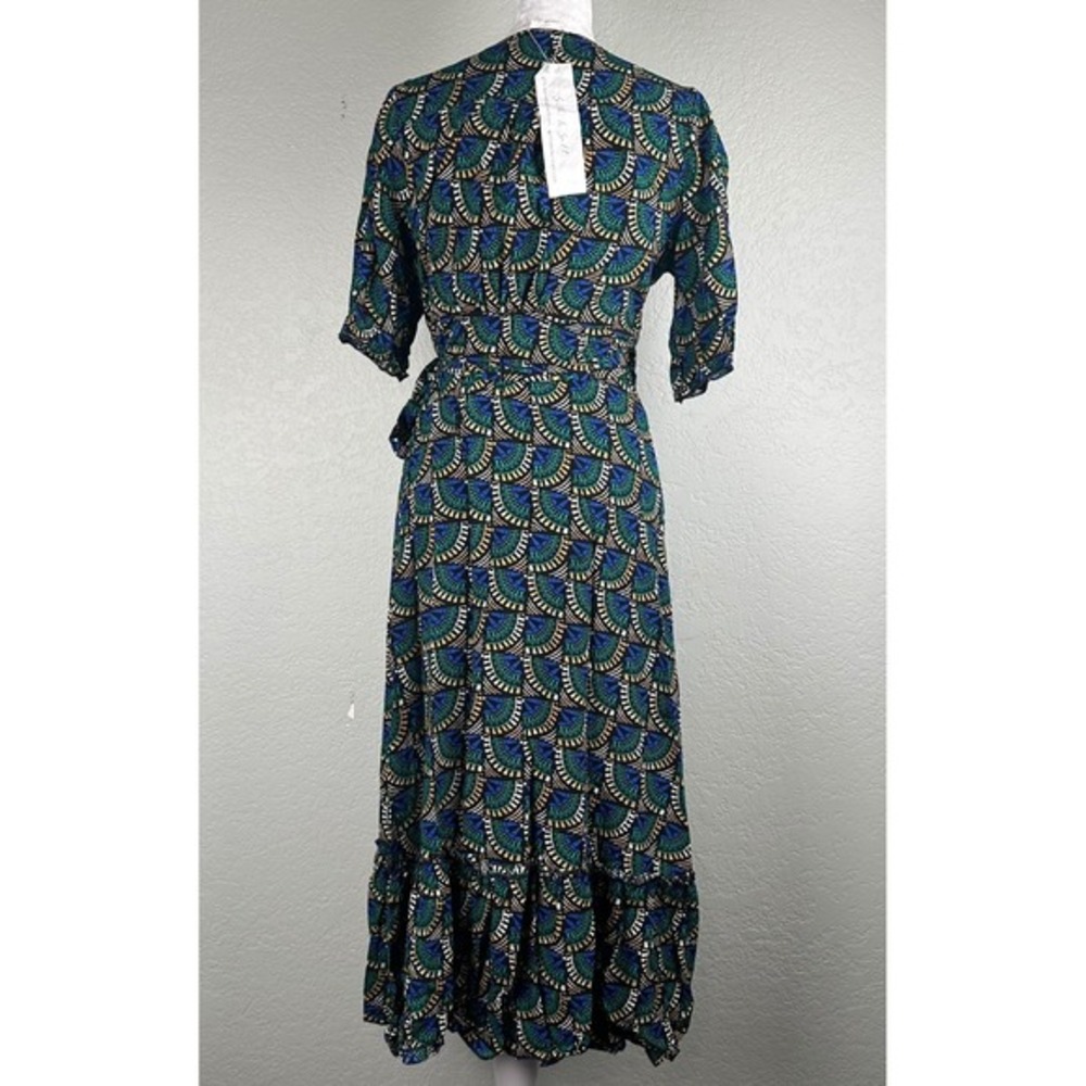 NWT Silk&Salt Wrap Maxi Dress Size S Green Blue Peacock Geometric Boho Resort - Picture 3 of 17